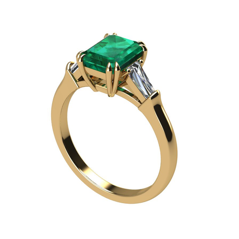 Emerald and diamond engagement ring, featuring a vibrant center emerald in double prong setting, flanked by tapered baguette diamonds, available in 14K White, Yellow, Rose Gold, 18K Yellow Gold, 19K White Gold, and Platinum.